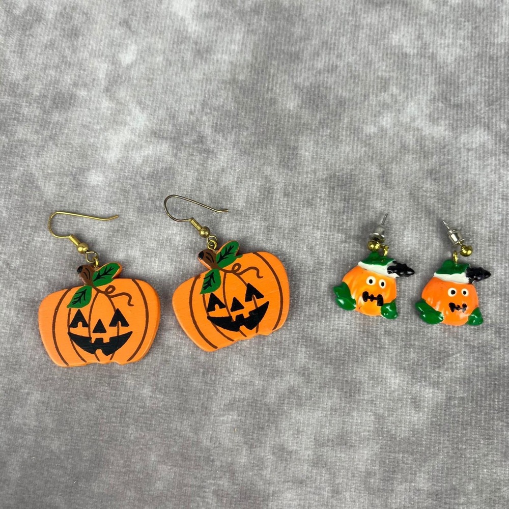 Vtg Pumpkin Halloween Earrings Lot JackOLantern Studs Drop Witchy Whimsygoth 90s